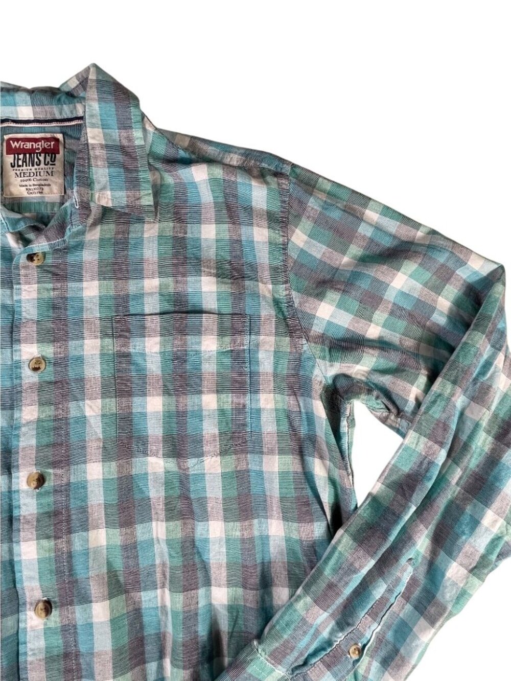 Wrangler Jeans Co Button Up Collared Shirt Men's M Blue Green Plaid Long Sleeve